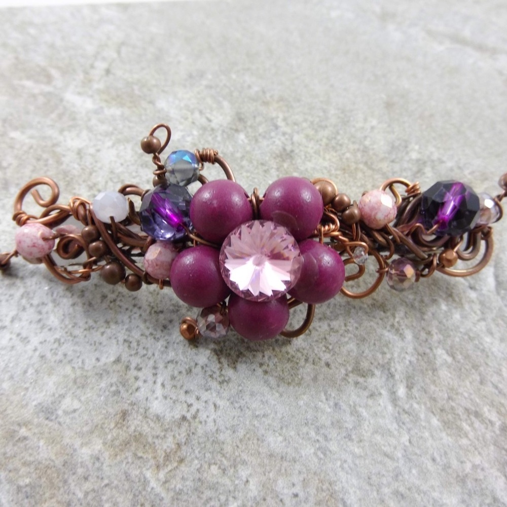 Copper and magenta stone flower barrette